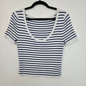 A&F XL Cropped Ribbed Knit Top Short Sleeve Scoop Neck Navy White Stripe